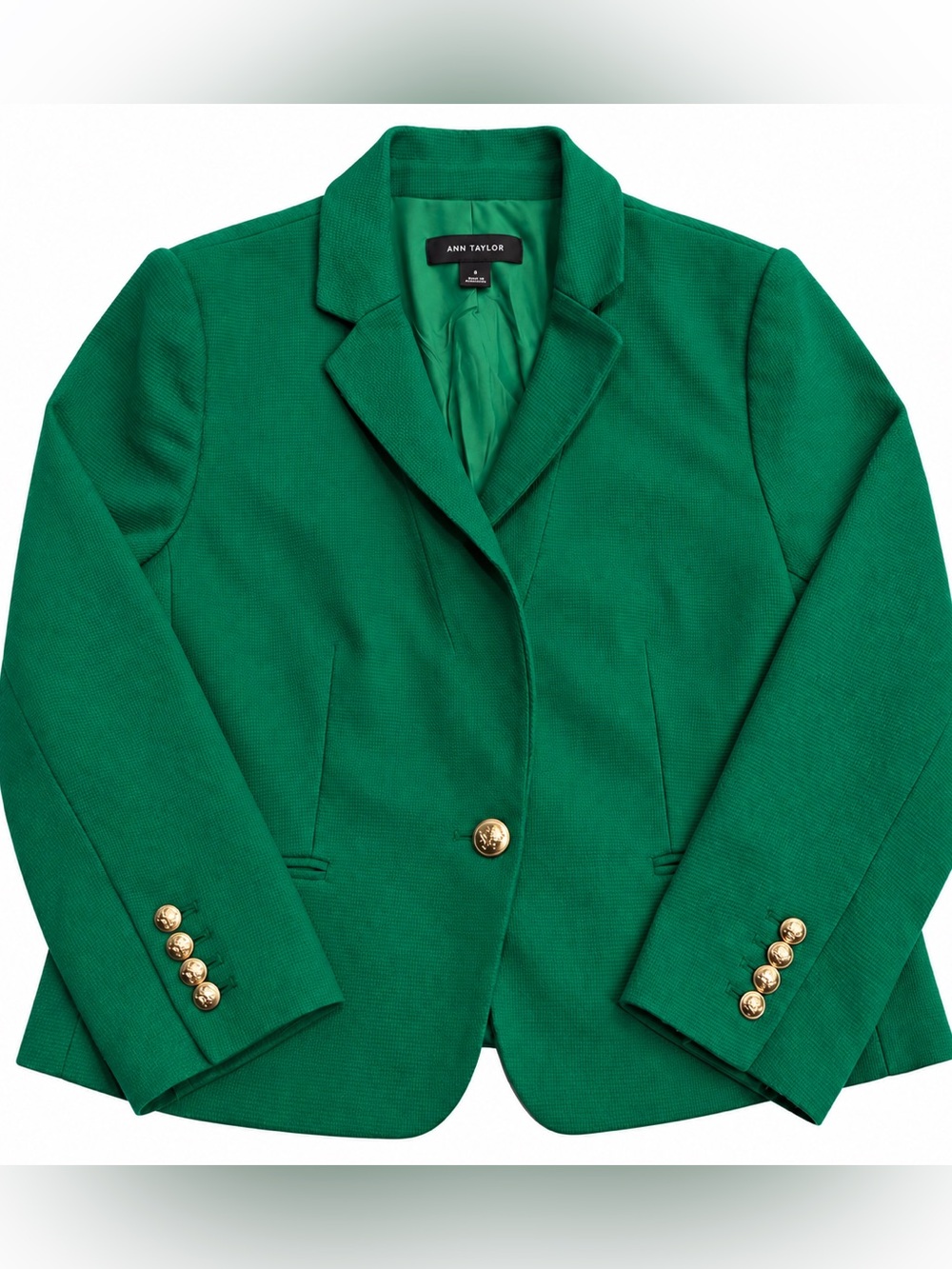 Ann Taylor Emerald Green Textured Blazer Gold Crest Buttons Size 8 Preppy